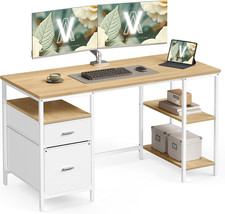 Listing image for Computer Desk, Work Desk with Storage, 3 Shelves, 2 Drawers, 60 X 140 X 76 Cm, f