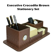 Listing image for Genuine Leather Desk Organiser With Clock - Crocodile Executive Set