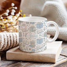 Listing image for Personalised Book Lover Mug, Custom Name Floral Bookish Mug, Pastel Blue